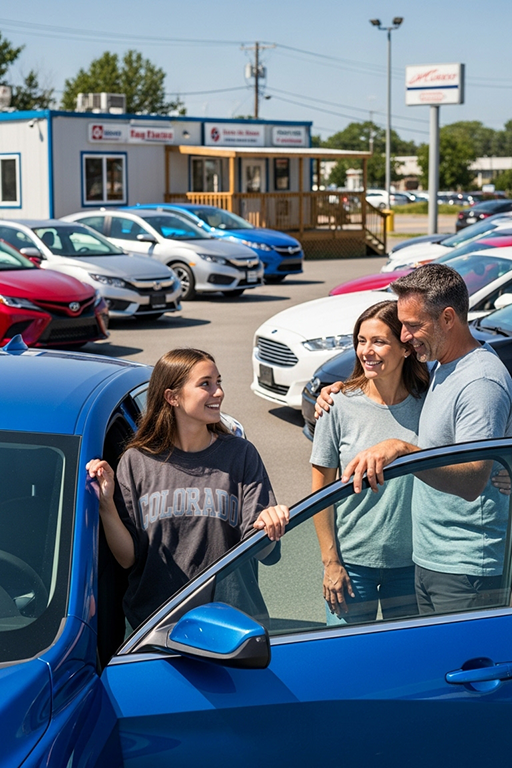 A family looking at vehicles on a South Carolina dealership lot