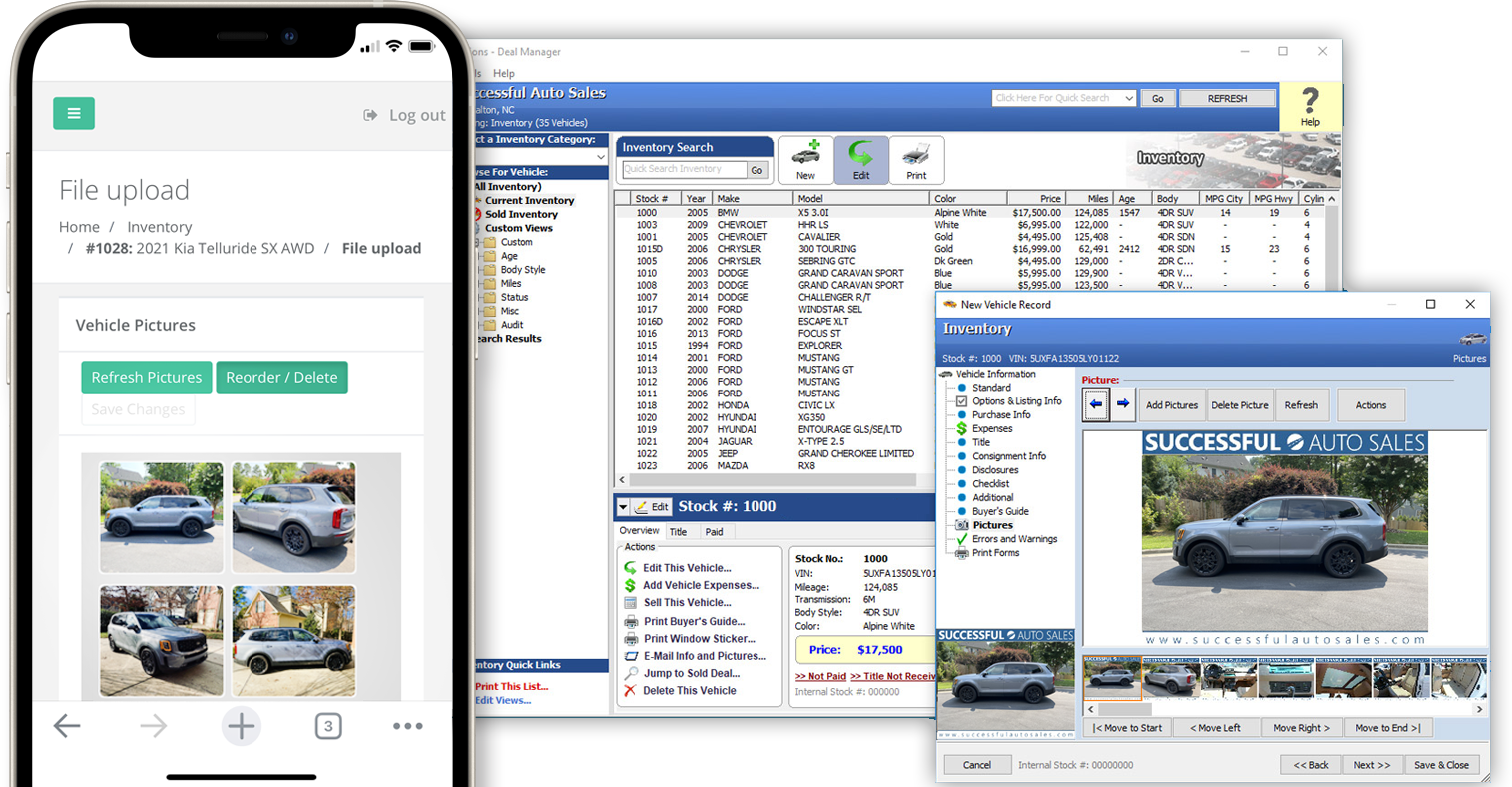 KGI Dealer Management Software shown on phone and desktop