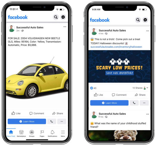 Two phones showing dealer-posted vehicles on a Facebook Business Page
