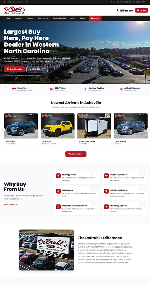 Custom homepage built for DeBruhl's Used Car Superstore in Asheville, NC
