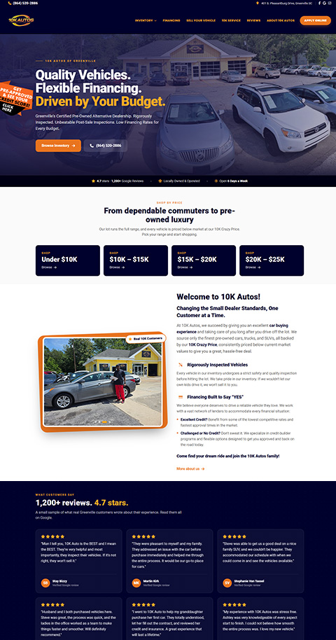Custom homepage built for 10K Autos in Greenville, SC